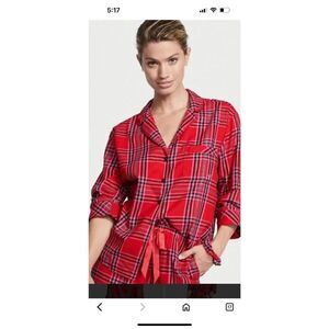 Victoria’s Secret Flannel Pajama Set Red Plaid Shimmery Large